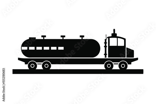 Black Silhouette of a Fuel Tank Truck Moving, Industrial Vehicle Illustration