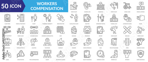 Waste management icon collection set. Containing Hearing Loss, Medical Expense, Temporary Disability, Claim Form, Medical Treatment, Work Injury, Work Injury, Insurance,Injury, Wheel Chair Icon