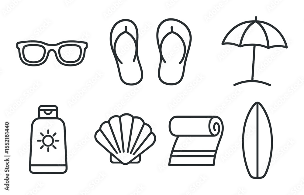 Fototapeta premium Beach essentials icons set – outline style, summer vacation and seaside symbols