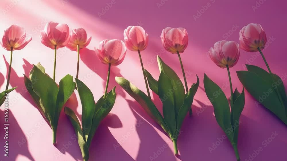 Pink tulips arranged on a pink surface, perfect for spring or Easter-themed designs Pink tulips arranged on a pink surface, perfect for spring or Easter-themed designs