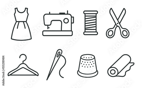 Fashion and sewing linear icons set – simple, crafting and dressmaking symbols