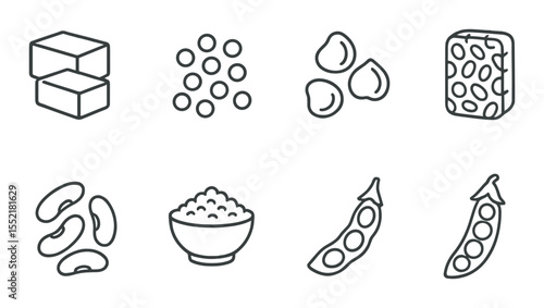 Vegetarian protein icons set – outline, plant-based nutrition and dietary symbols