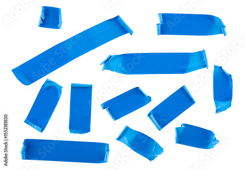 Set of blue tape slices isolated on white background. Blue insulating tape of different shapes.