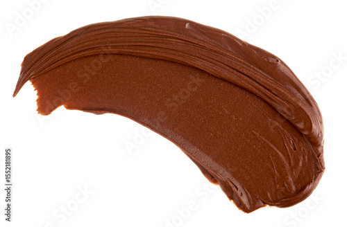 Chocolate hazelnut cream isolated on a white background, top view. Chocolate cream swirl, chocolate smear, melted chocolate.
