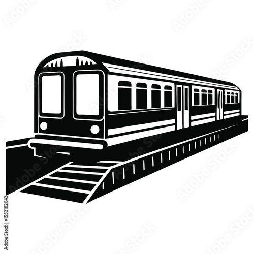 Black and White Graphic Illustration of an Arriving Subway Train at Station Platform