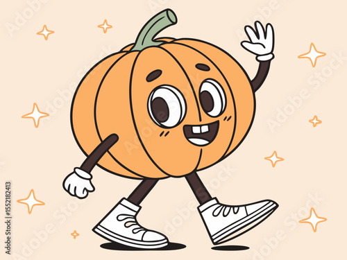 Fun cartoon pumpkin waving with big eyes and toothy grin on pastel background