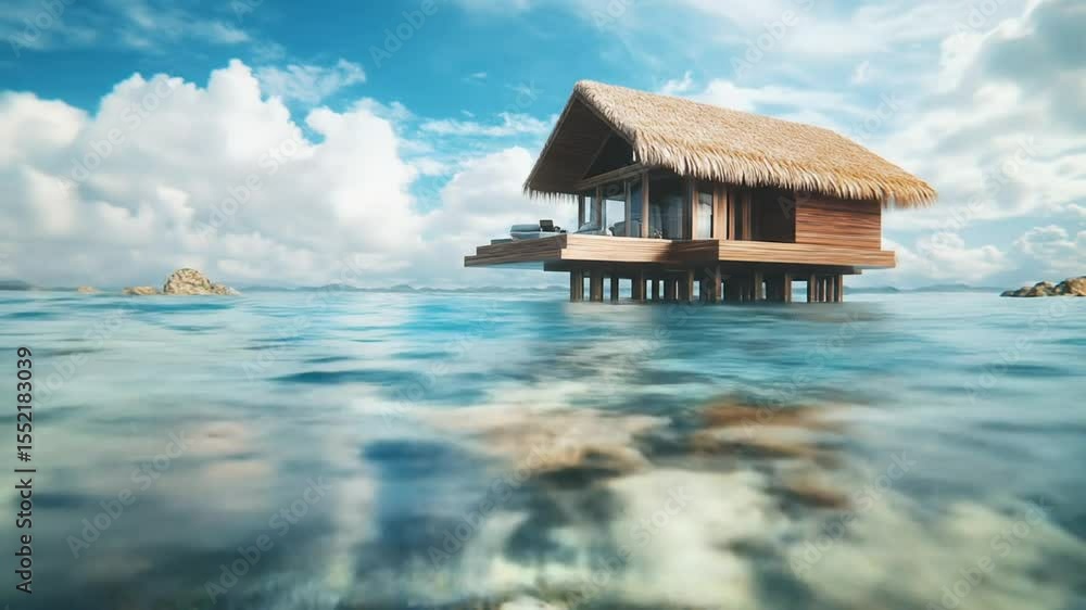 Tropical hut perched over tranquil waters Tropical hut perched over tranquil waters