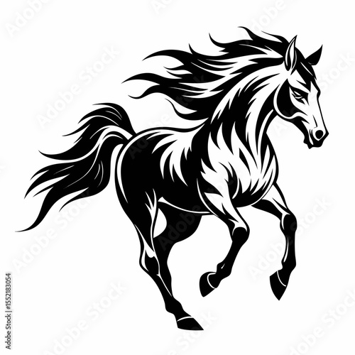 Stylized black horse galloping with flowing mane and tail
