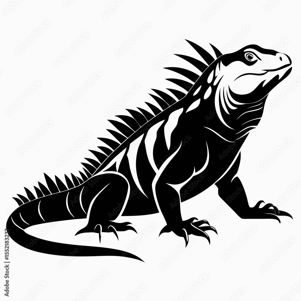 Stylized black and white illustration of a fierce iguana reptile Stylized black and white illustration of a fierce iguana reptile