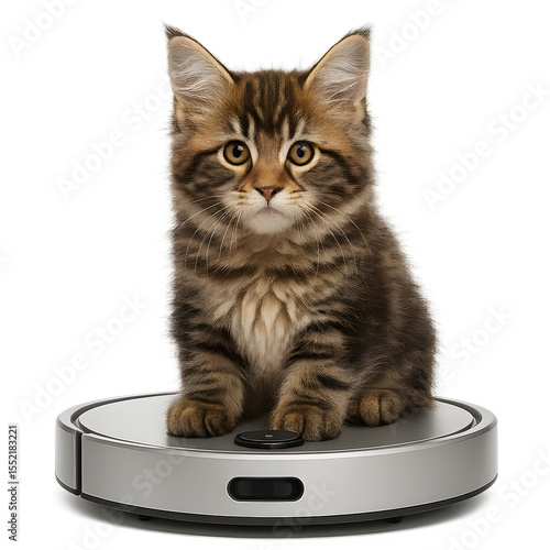 Fluffy tabby kitten sitting on silver robot vacuum cleaner – isolated on white background