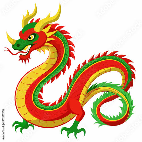 Traditional chinese dragon illustration in red green and yellow colors