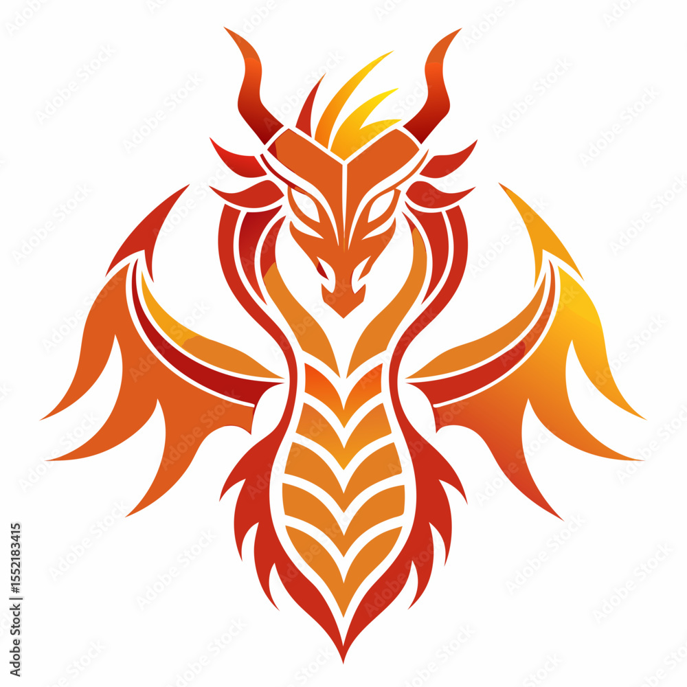 Fototapeta premium Stylized fire dragon emblem with orange and red gradient wings and body