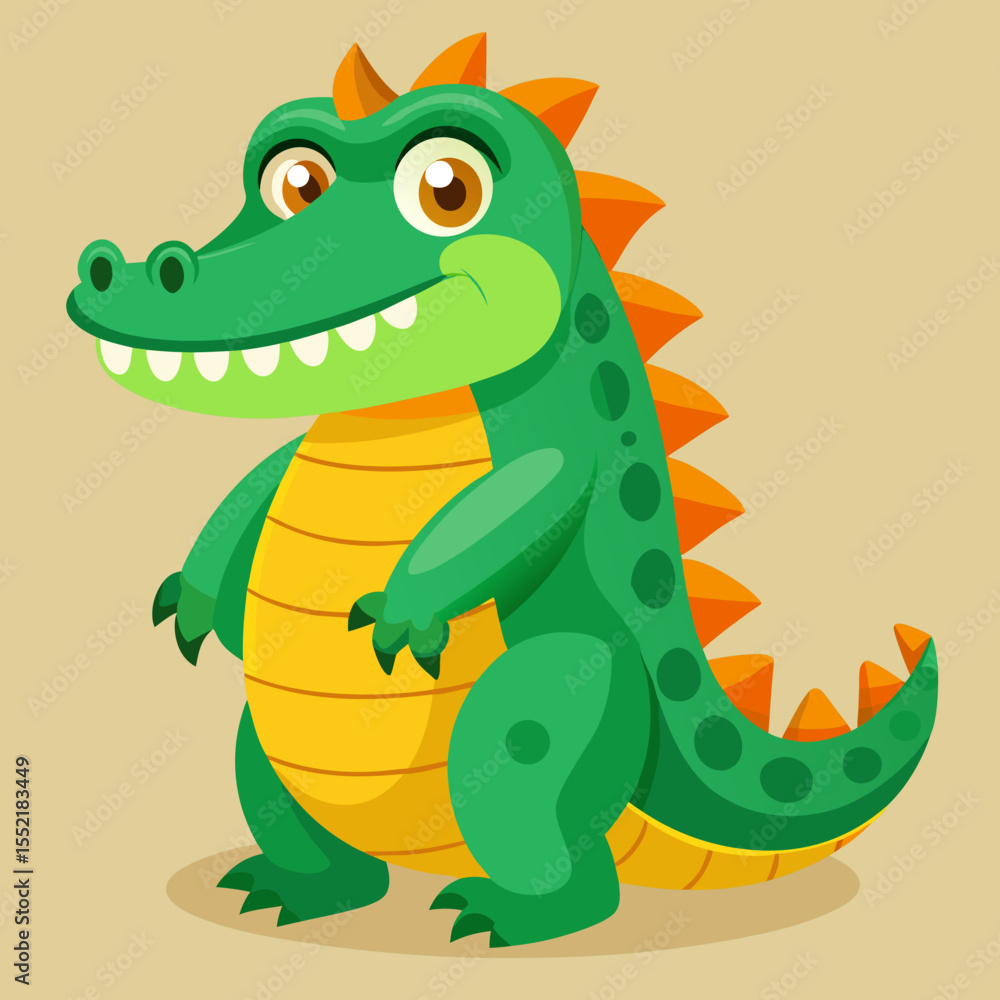 Naklejka premium Cute cartoon green alligator with orange spikes smiling on a beige background