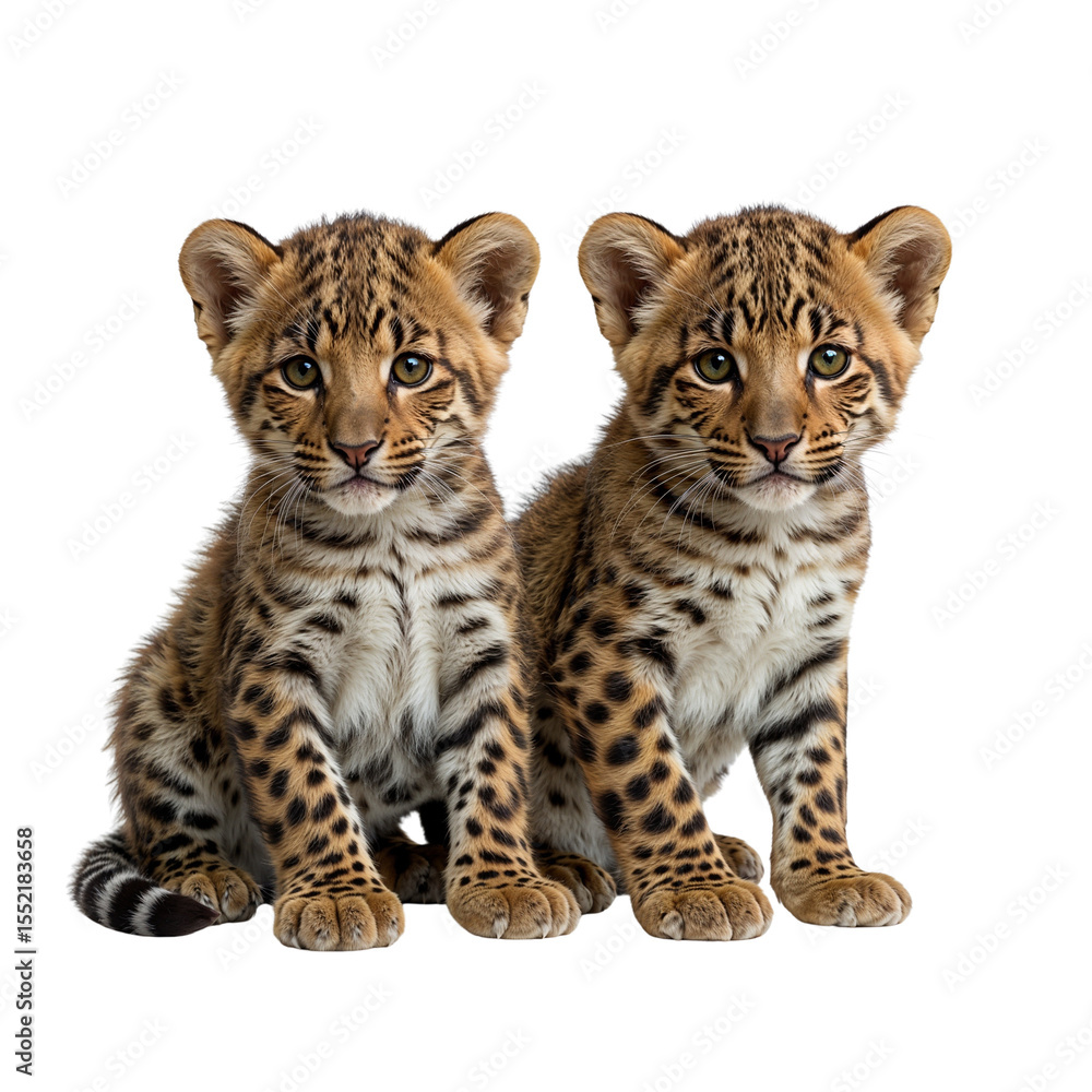 Fototapeta premium Two playful leopard cubs sitting closely side by side on white background 