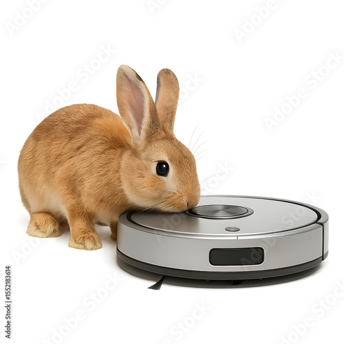 Cute brown rabbit sniffing silver robot vacuum cleaner – isolated on white background