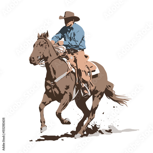Vector Illustration of Saddle Bronc rodeo horse with riding cowboy Isolated with dust coming off