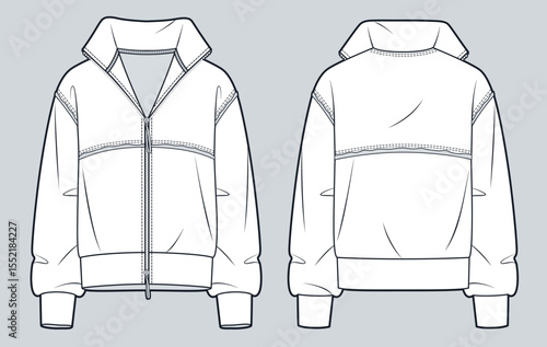 Zip-up Sweatshirt with raw edges technical fashion illustration. Sweatshirt fashion flat technical drawing template, oversized, front and back view, white, women, men, unisex CAD mockup.