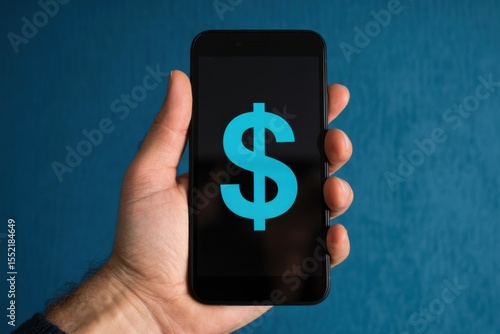 Hand holding a smartphone displaying a bright dollar sign, against a blue textured background.