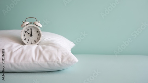 Alarm clock resting on pillow representing sleep quality and time. Sleep quality, bedtime routine, time management, health and wellness.