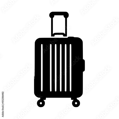 Black suitcase with wheels and telescopic handle on transparent background, icon  