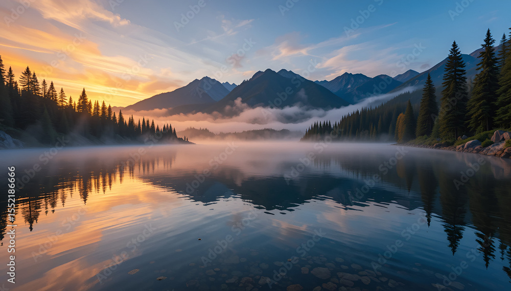 Fototapeta premium A serene landscape reveals a misty lake reflecting the sunrise, framed by mountains and evergreen trees in a beautiful natural scene.