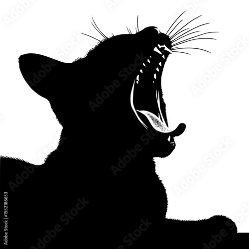 Black cat yawning in silhouette, isolated vector image on transparent background
