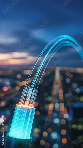 Glowing fiber optic cables transmit data across a blurred cityscape at dusk