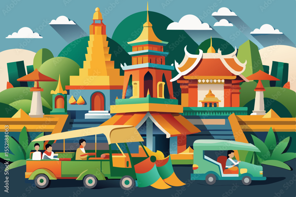 Fototapeta premium Vector illustration of an ancient Asian temple with towering domes, a landmark of Thai culture and religion