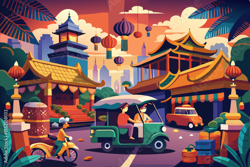 Traditional Chinese temple architecture featuring vibrant lanterns, nestled within a bustling city, is a vivid illustration of Asian culture and Buddhist religion