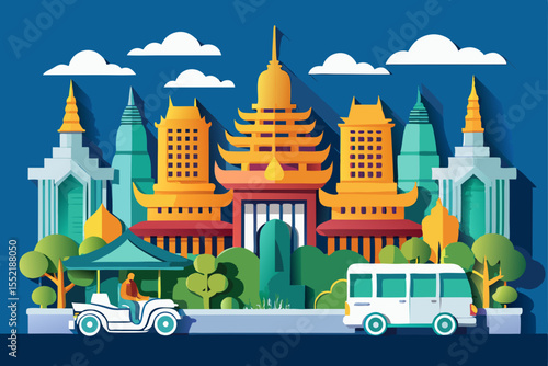 City street vector illustration with urban buildings, trees, and a cartoon bus