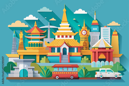 Vector illustration of a bus, train, and bus station with Moscow architecture, landmarks, and ancient city culture