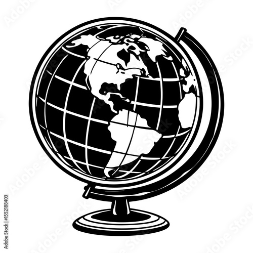 Stylized black and white illustration of a globe showing north and south america on a stand perfect for educational or travel themes