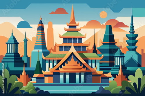 A serene Buddhist temple in Thailand stands as a magnificent landmark against the morning sky, an iconic piece of architecture that embodies the city's vibrant religion and rich travel culture