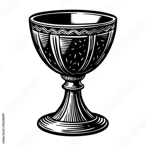 Ornate goblet with decorative band and textured bowl in black and white woodcut style