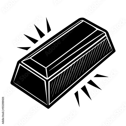 A bold black and white illustration of a gleaming gold bar with radiating lines suggesting value and prosperity
