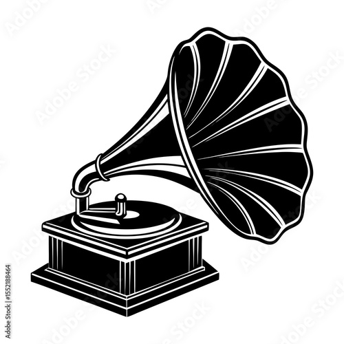 Classic black and white illustration of an antique gramophone with a large horn and turntable