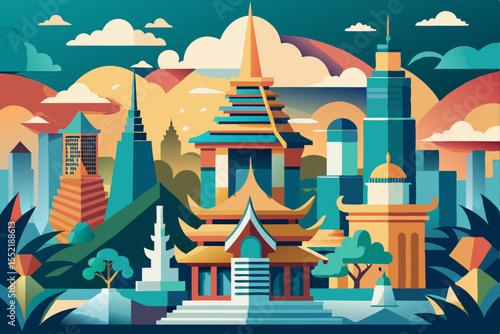 Vector illustration of city architecture featuring ancient Asian temples and golden Buddhist pagodas under a clear sky, perfect for travel and tourism