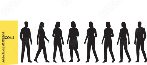 Human Silhouette Grid - Modular People Layout (Vector Diversity Set, Crowd Pattern, Team Matrix) - Black & White Outline Illustration