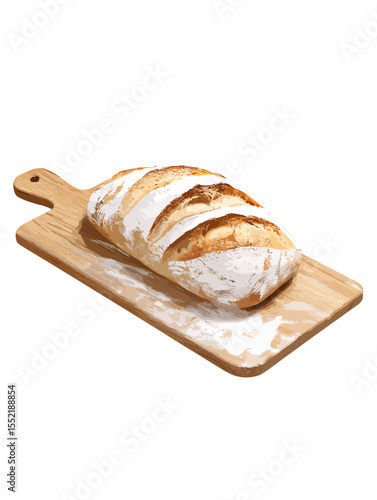Freshly baked loaf of bread on wooden cutting board  