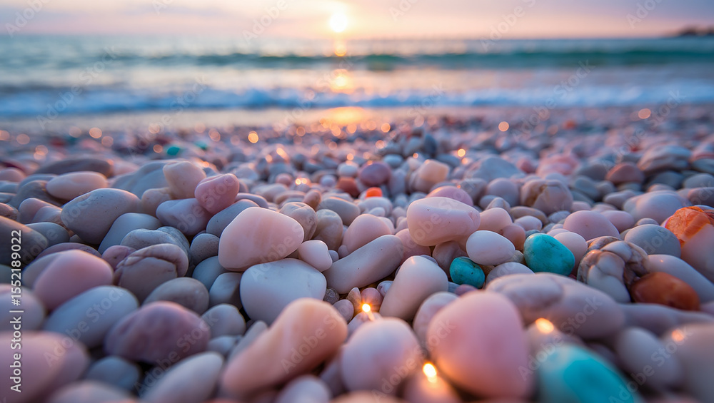Obraz premium Close up of colorful smooth pebbles on a beach at sunset with gentle waves