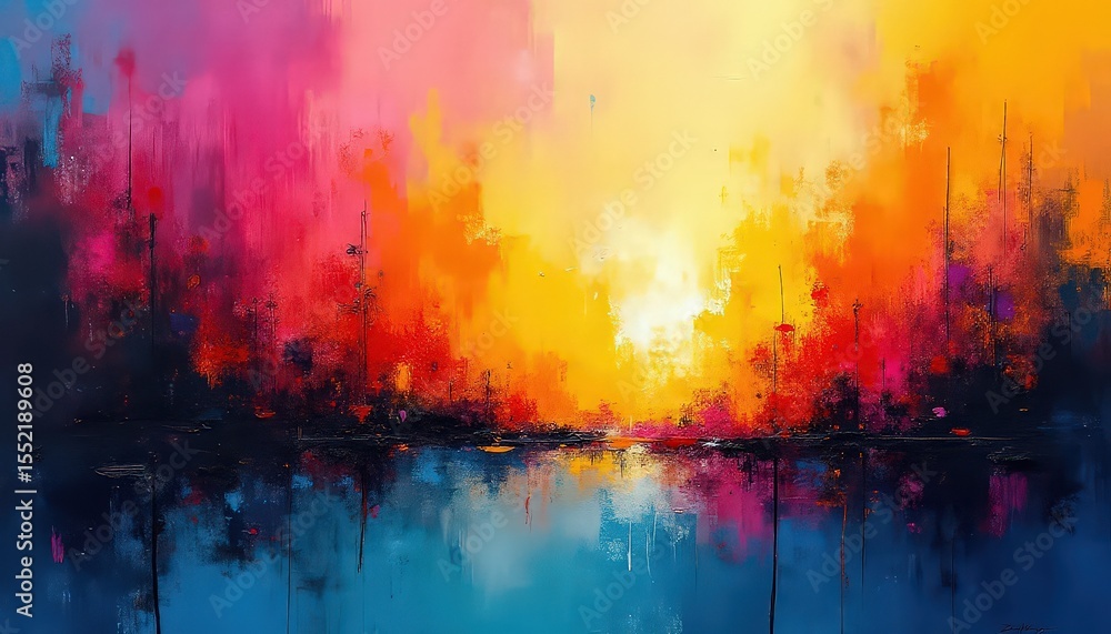 Obraz premium Abstract expressionism painting create a unique abstract backdrop filled with vibrant and contrasting colors such as azure, mandarin, lemon and fuchsia.