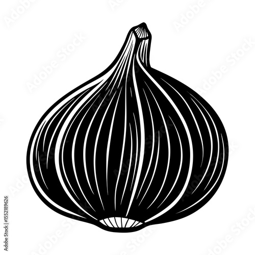 Stylized black and white graphic illustration of a single onion with bold lines and a clean white background