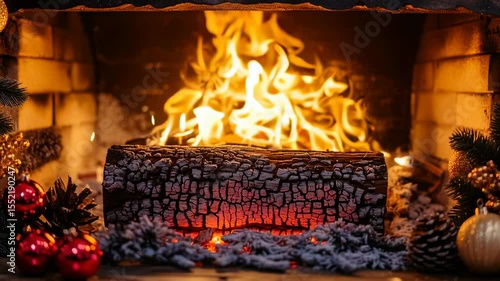 Large yule log burning brightly in a brick fireplace decorated for christmas
