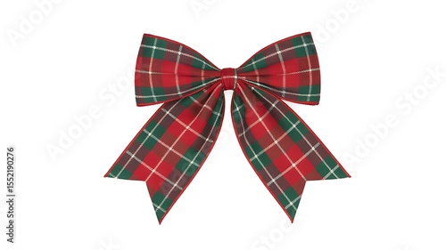 Festive red and green plaid christmas bow with white accents on a white background