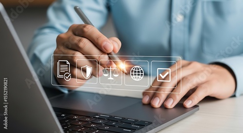 Business professional meticulously reviews important legal documents and compliance regulations on a digital platform for enhanced corporate governance and risk management strategies