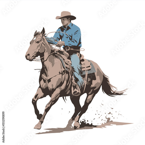 Colorful Vector Illustration of Saddle Bronc rodeo horse with riding cowboy Isolated with dust coming off