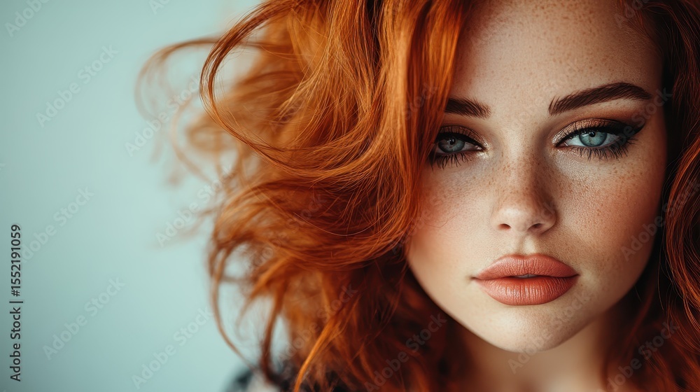 Fototapeta premium A stunning portrait of a young woman with vibrant red hair and bold makeup, showcasing her beauty and confidence with a captivating gaze against a neutral background.