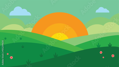 Scenic landscape sunrise with rolling hills and clouds in a clean and minimalist style