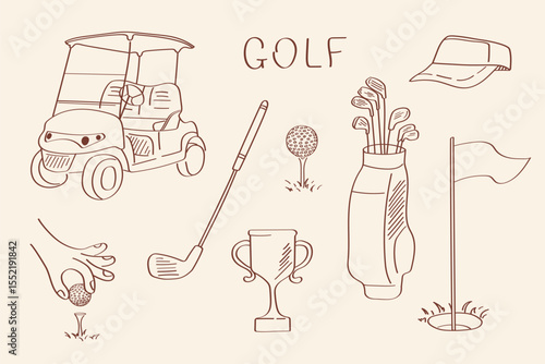 Minimal golf icons: bag, ball, golf cart, cap, club, hand with golf ball, trophy and hand drawn doodle style text. Clean vector set for print projects, e-learning platforms, branding or golf themed pa