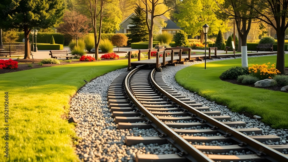 Fototapeta premium A serene park scene featuring a winding railway and footbridge surrounded by vibrant flowers and lush greenery.